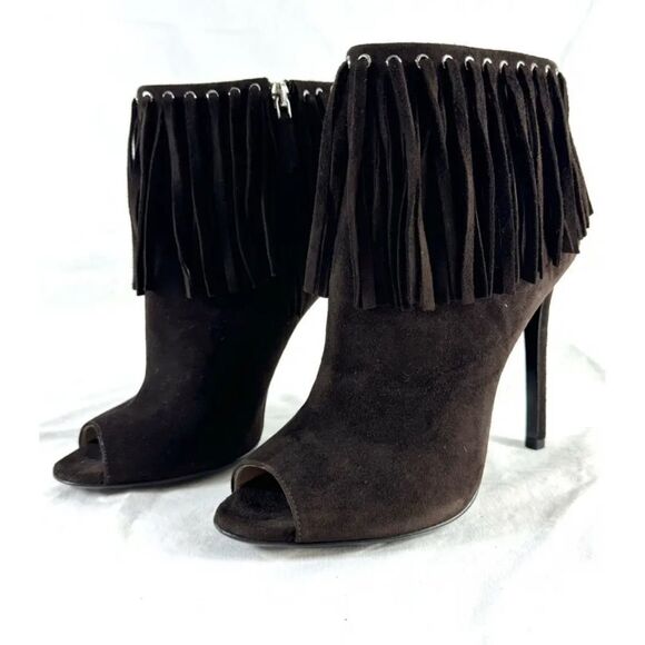 Prada Suede Fringe Peep Toe Bootie Dark Brown EU 38 EUC MSRP $1145 - Picture 1 of 10